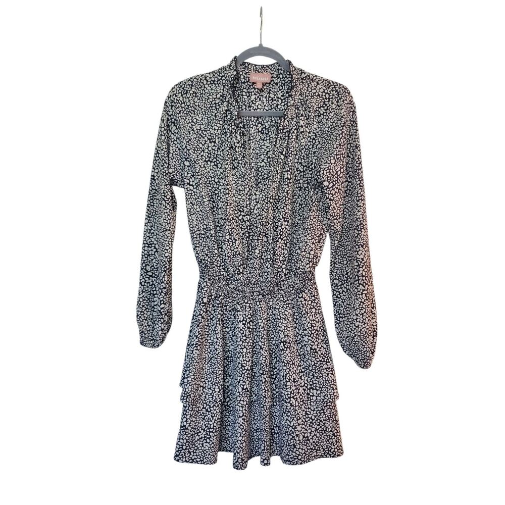 Show Me Your Mumu Tatum Black White Long Sleeve Tiered Mini Dress, Size Medium